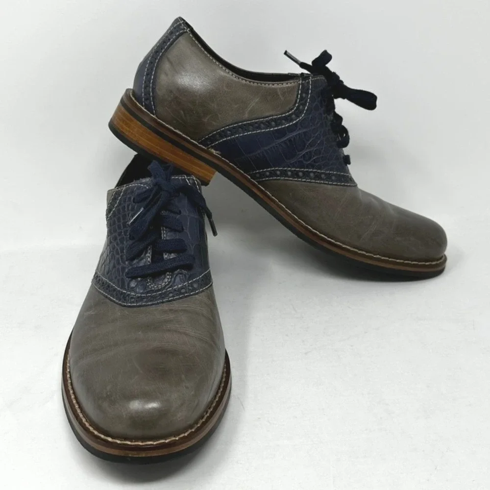 Cole Haan Mens 7.5 M Grey Navy Blue Croc Saddle Oxford Shoes C10293